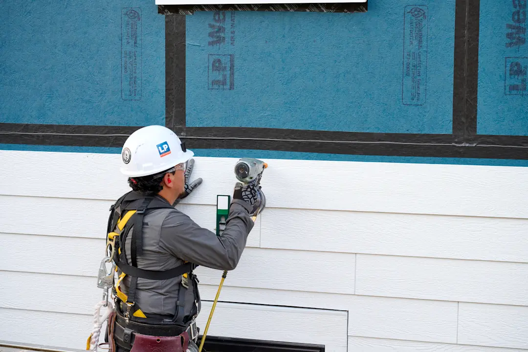 Image of builder installing siding on top of WL
