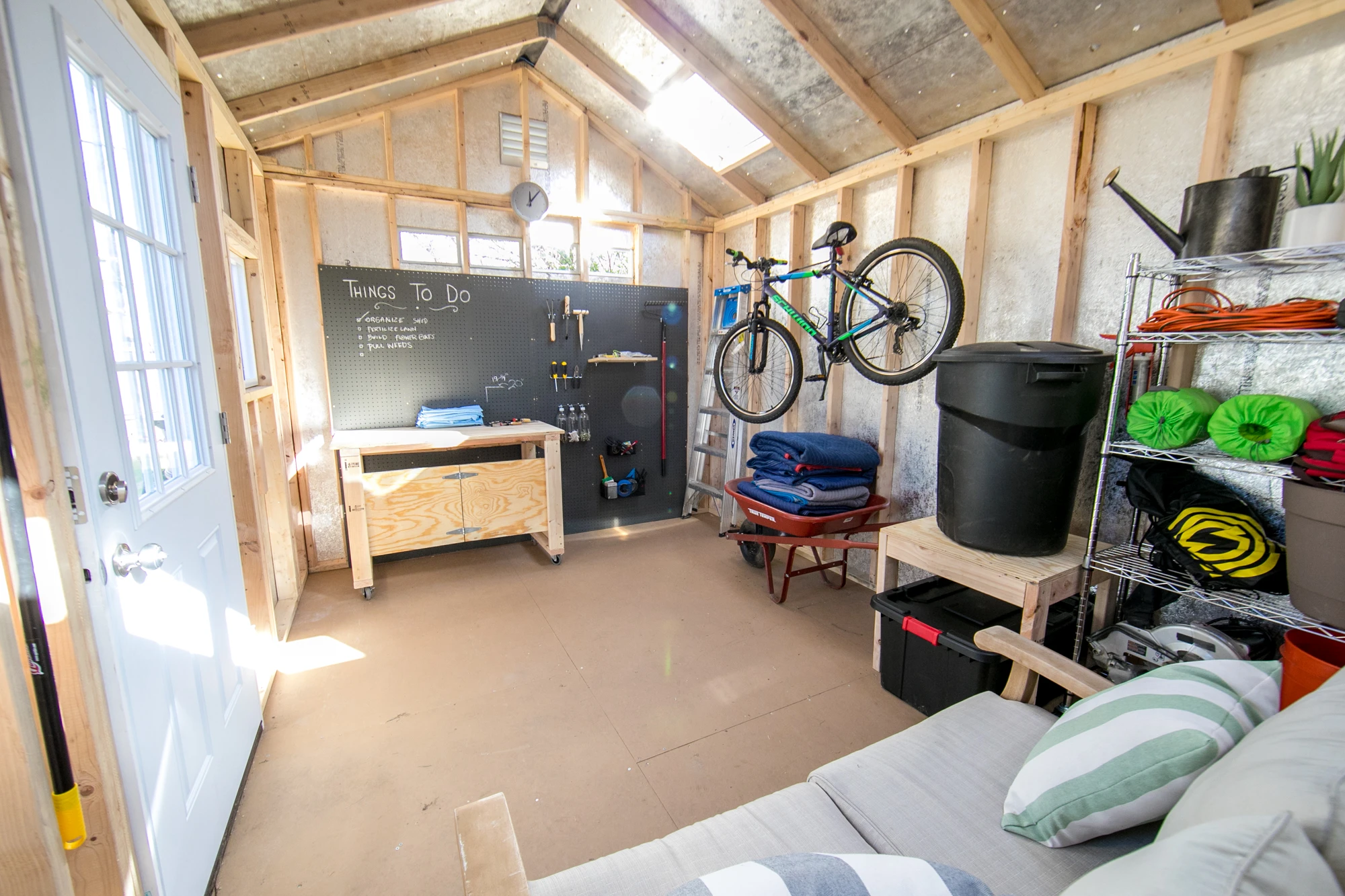 interior shed with flooring and roofing
