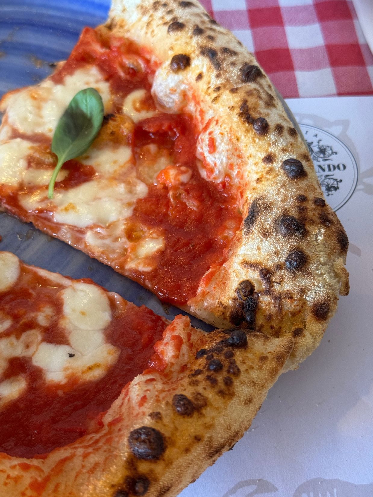 Pizza w restauracji Passione-Da Ferdinando, która znajduje się blisko zoo w Wiedniu. Na talerzu leżą dwa kawałki margherity w stylu neapolitańskim.