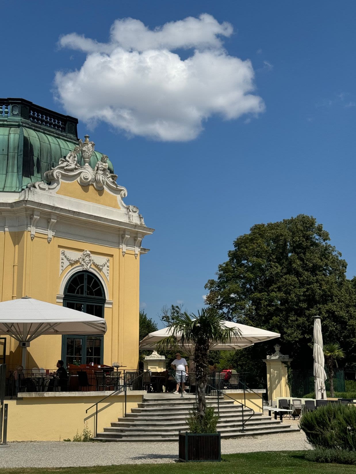 Pawilon z restauracją w wiedeńskim zoo. Przed restauracją są stoliki, przy których siedzą turyści. Rozłożone są parasole, które chronią przed słońcem.