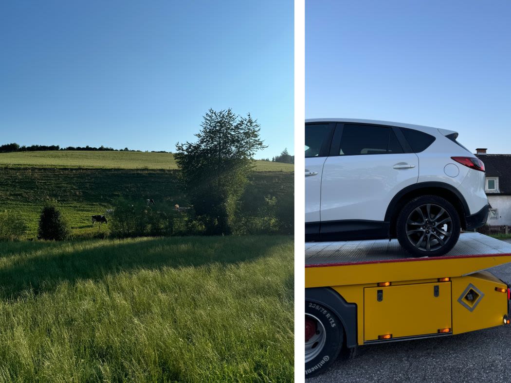 Kolaż zdjęć z Kapfenbergu. Po prawej zielone pola o zachodzie słońca. Po prawej biała Mazda CX-5 na lawecie.