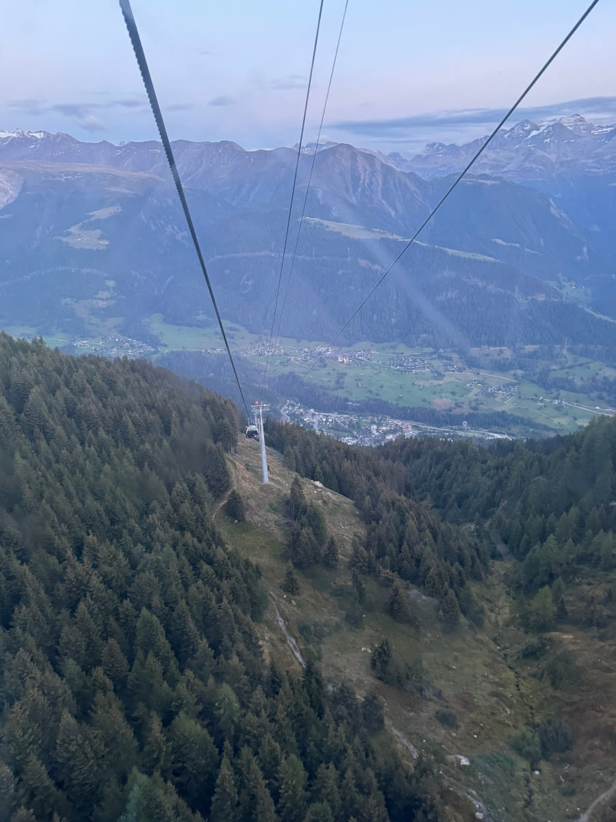Zjazd kolejką w miejscowości Fiesch w Alpach. W dole nisko drzewa, na horyzoncie panorama gór.