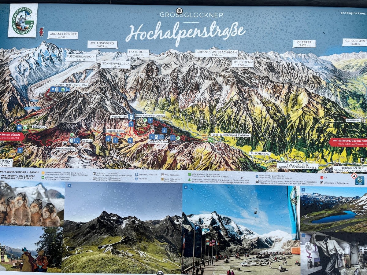 Tablica informacyjna pokazująca górskie atrakcje przy alpejskiej drodze Grossglockner Hochalpenstrasse.