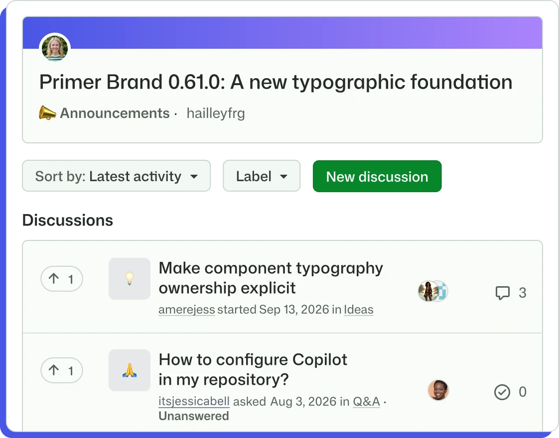 Screenshot of a GitHub Discussions page with an announcement, an Ideas thread, and a Q&A thread.
