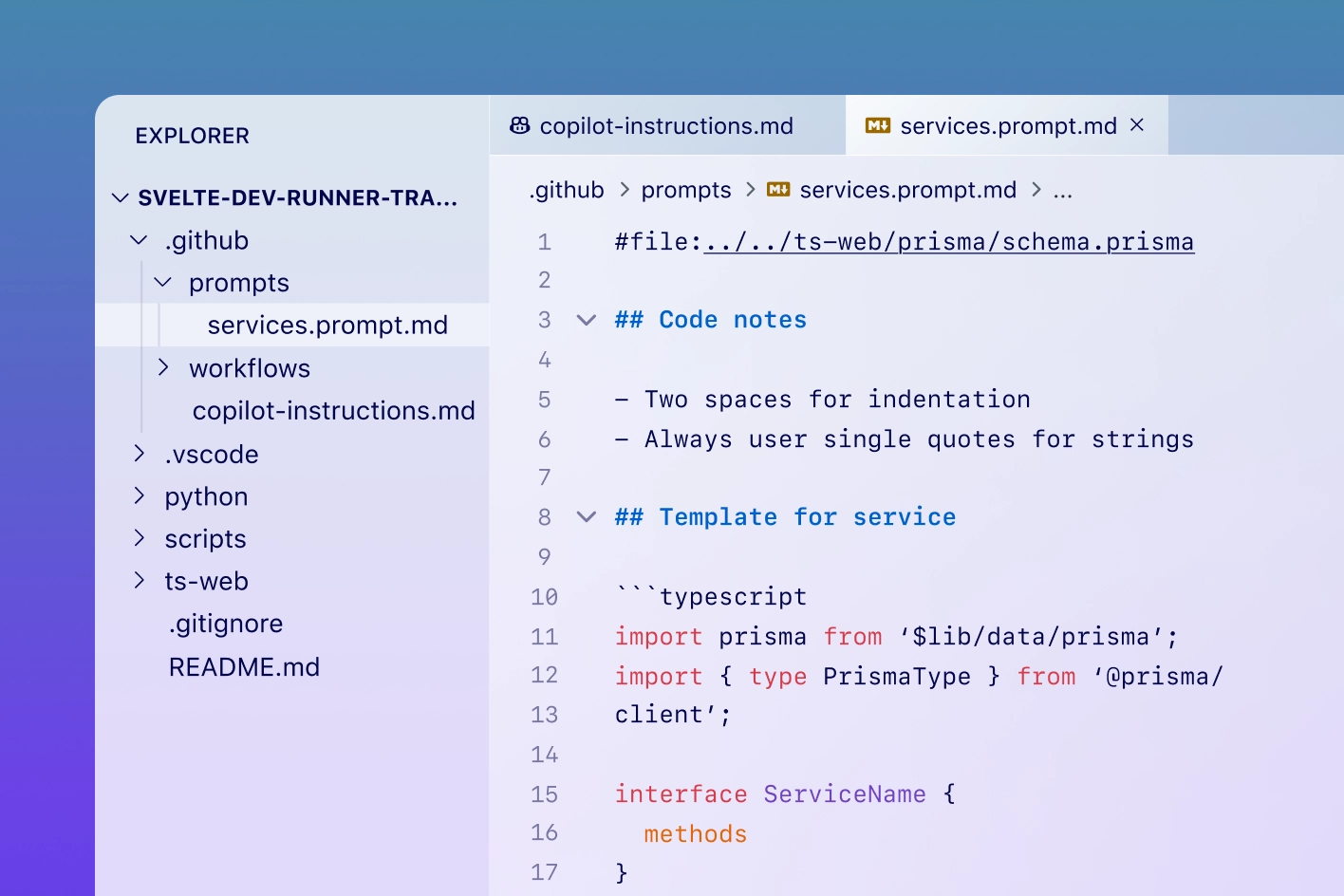 New prompt file active in VS Code set up in a markdown format to give instructions and templating for Copilot’s suggestions.