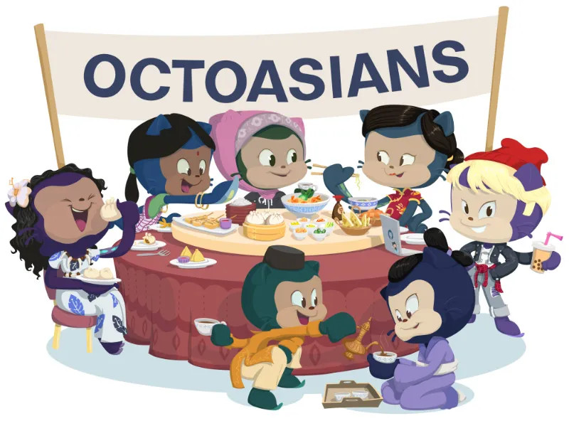 Cartoon octocats eating around a table