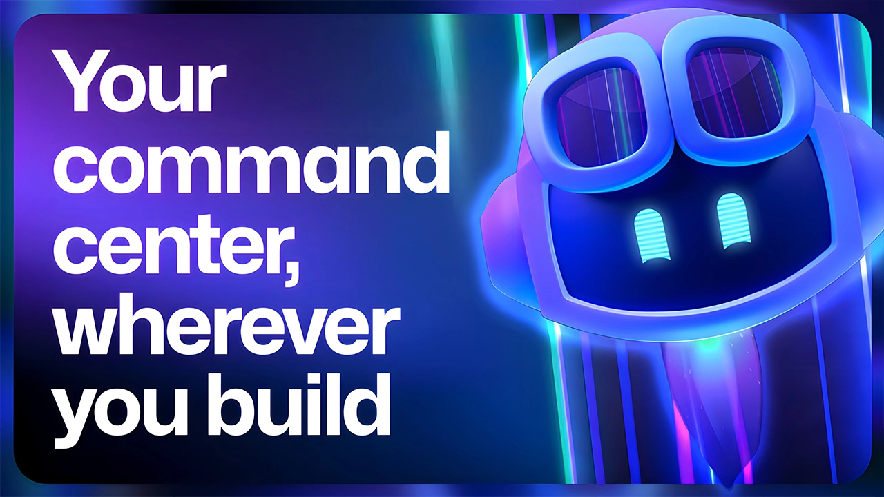Illustration of a friendly robot with large blue goggles and glowing eyes on a neon background, beside bold white text that reads “Your command center, wherever you build.”
