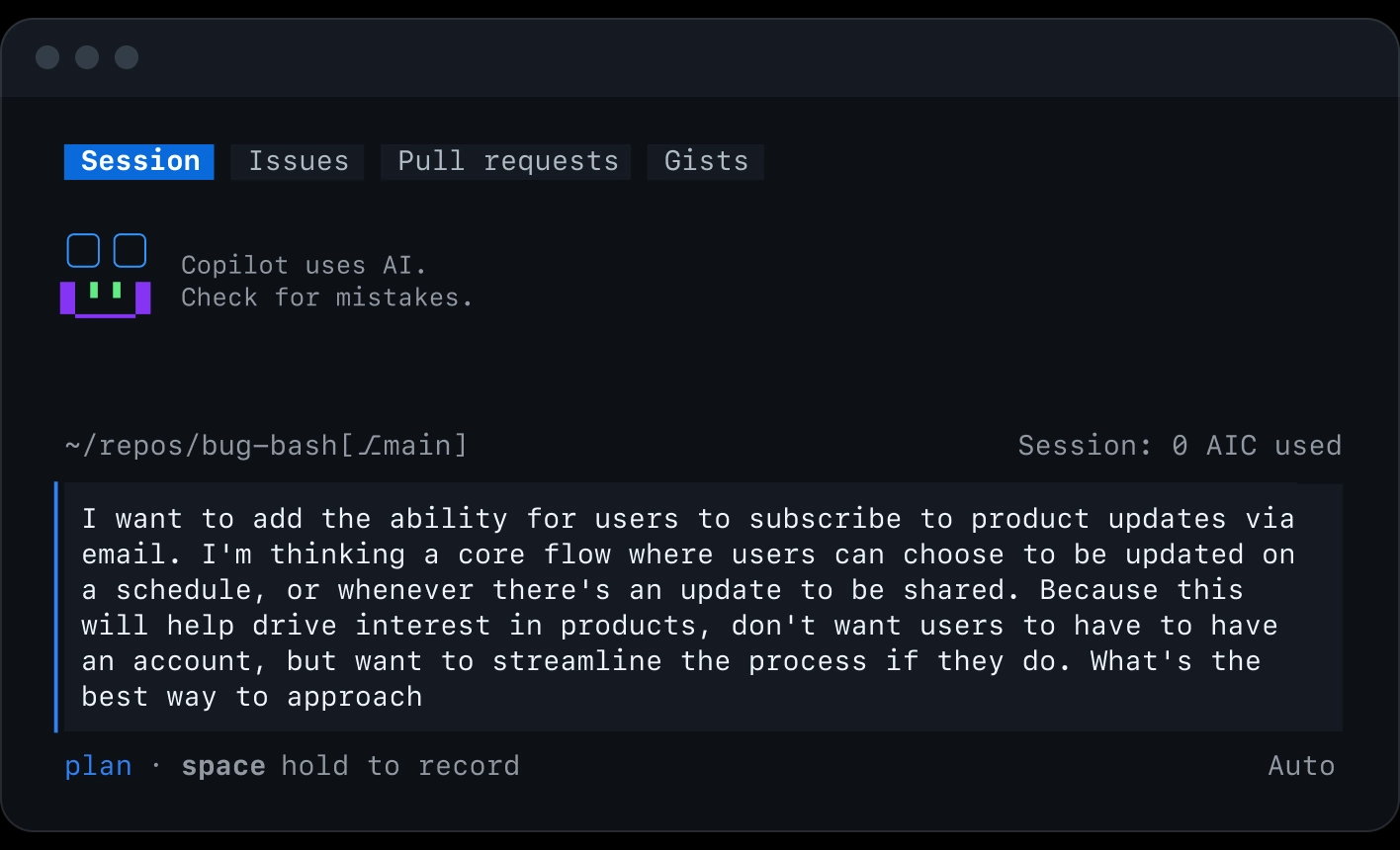 Terminal screenshot showing GitHub Copilot connected to various MCP servers and a user writing a prompt about adding email-based product update subscriptions.