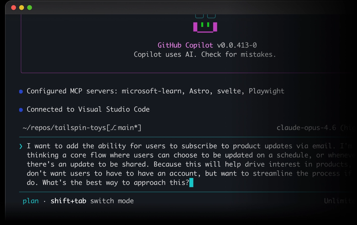 Terminal screenshot showing GitHub Copilot connected to various MCP servers and a user writing a prompt about adding email-based product update subscriptions.