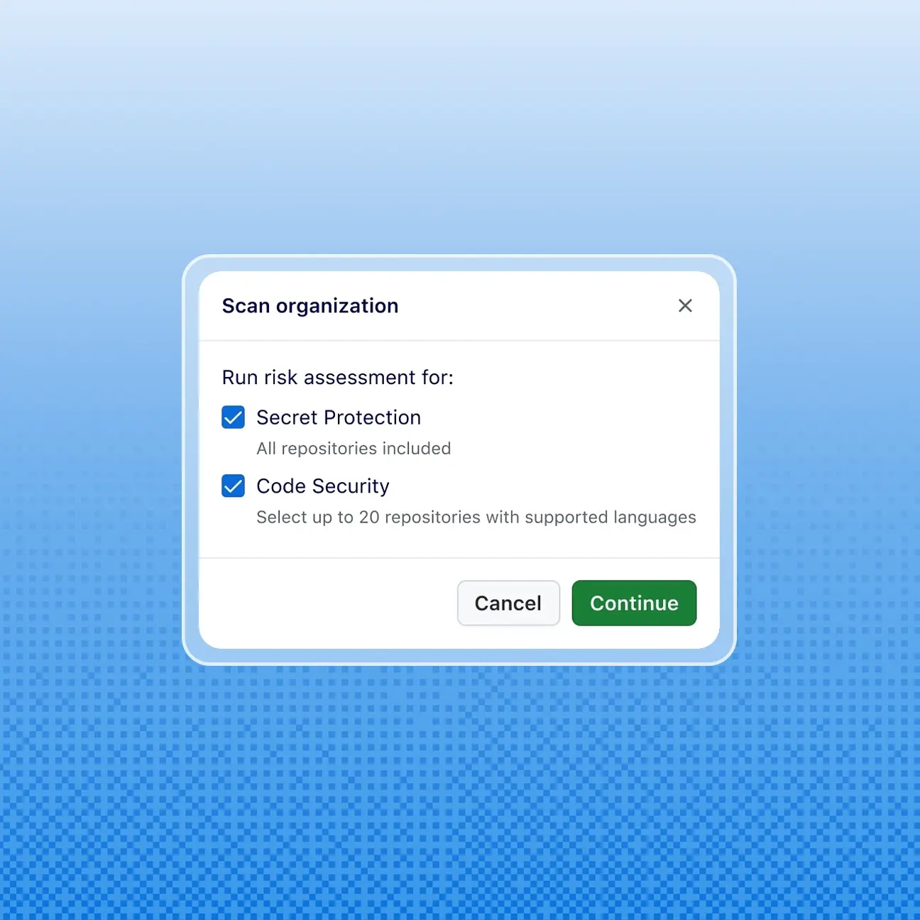 Modal with 2 checkboxes for secret protection and code security with cancel and continue buttons