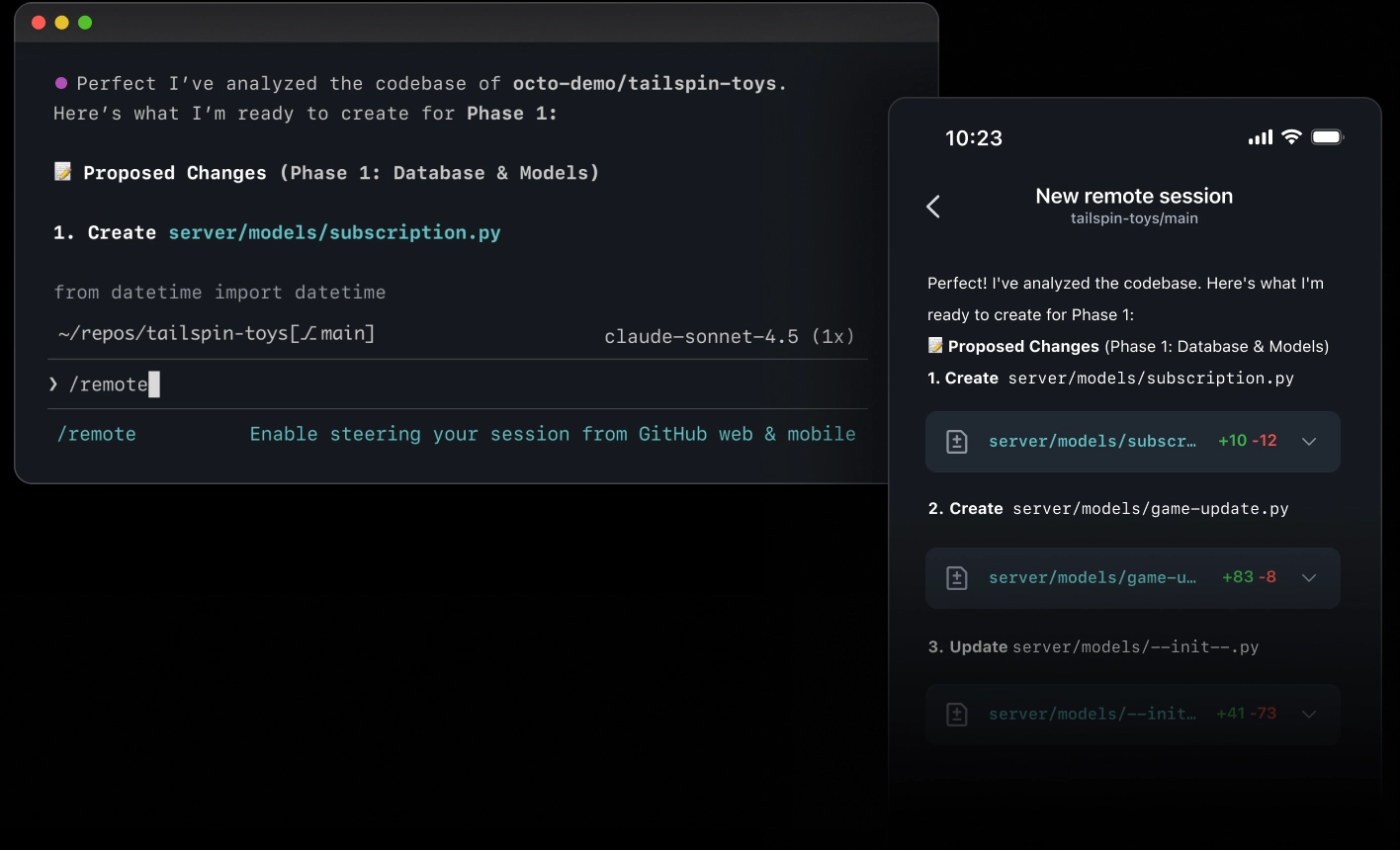 Desktop terminal and mobile app showing GitHub Copilot, with a coding session that can be viewed and managed across both devices.