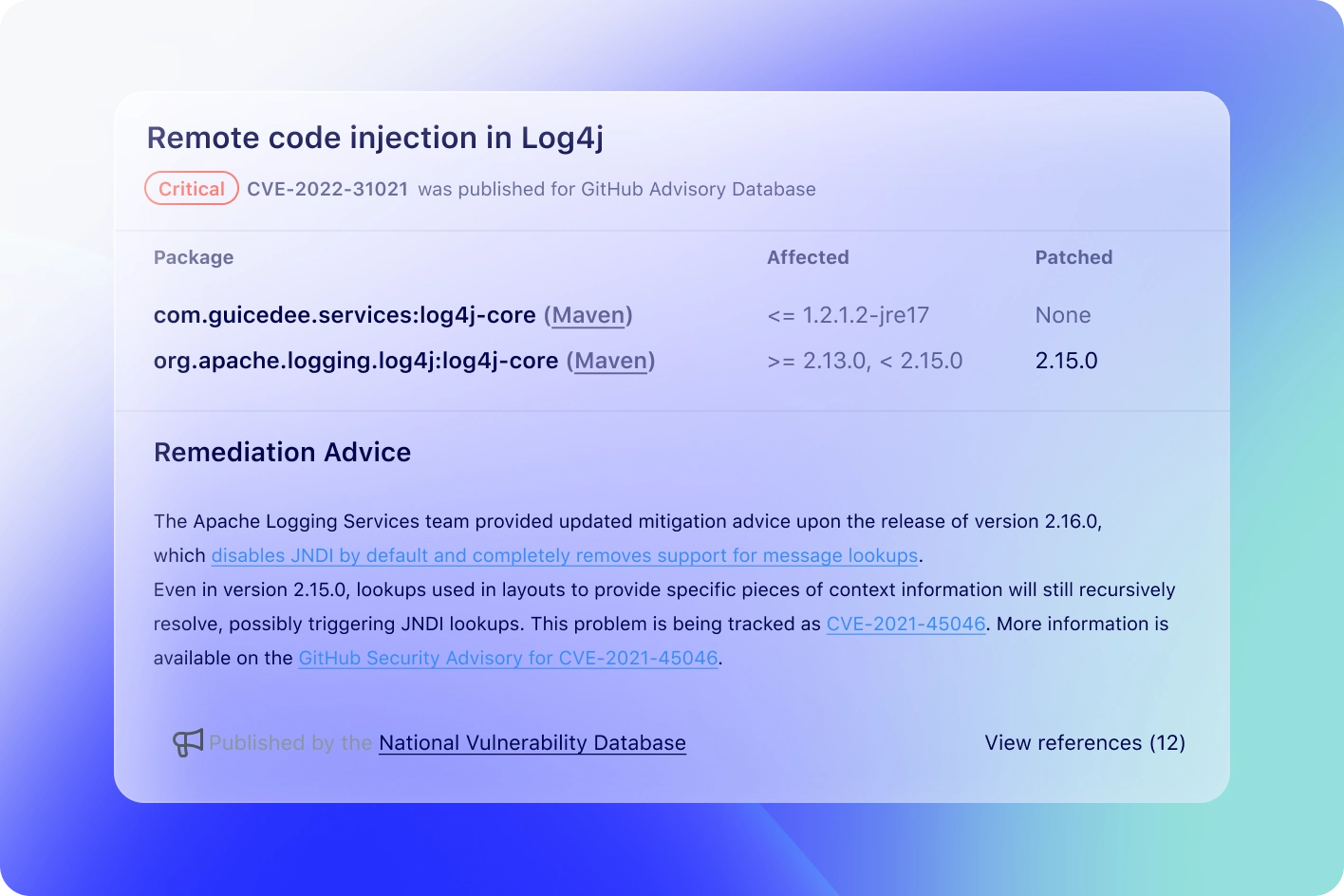 Heading "Remote code injection in Log4j" displaying remediation advice