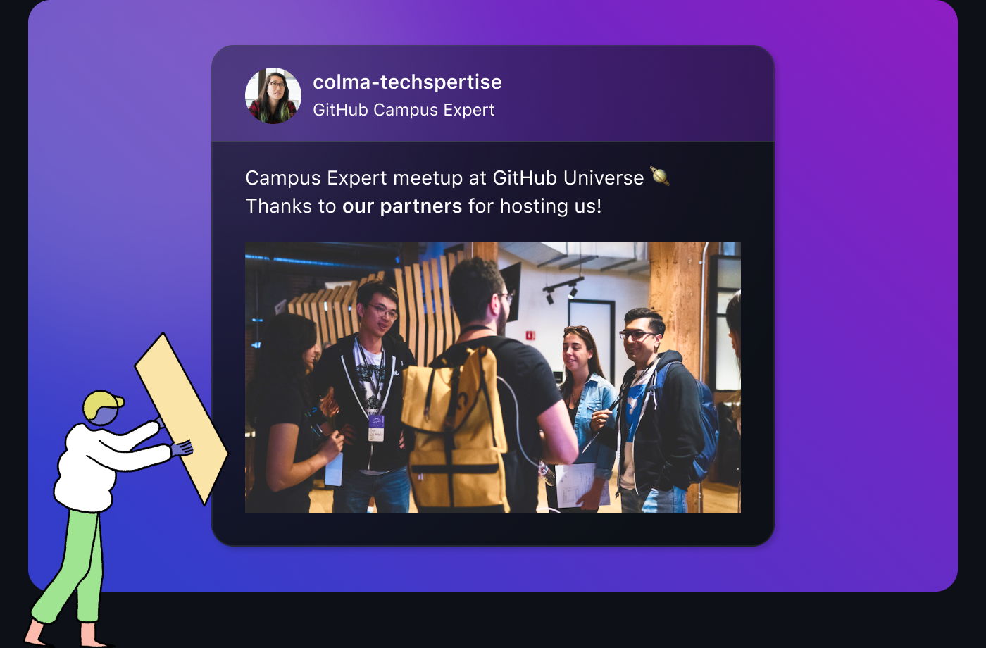 A social media post with image of 4 people talking and text Campus Expert meetup at GitHub Universe. Thanks to our partners for hosting us!
