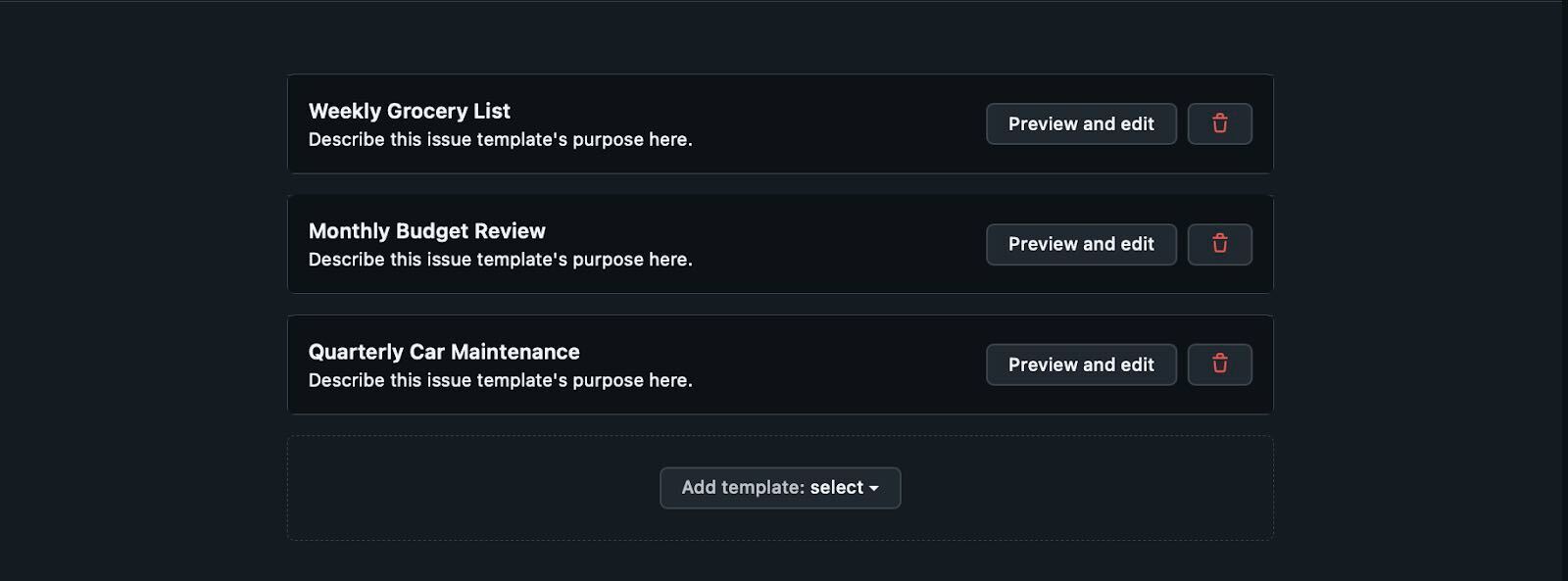 Weekly grocery list, monthly budget review, and quarterly car maintenance templates