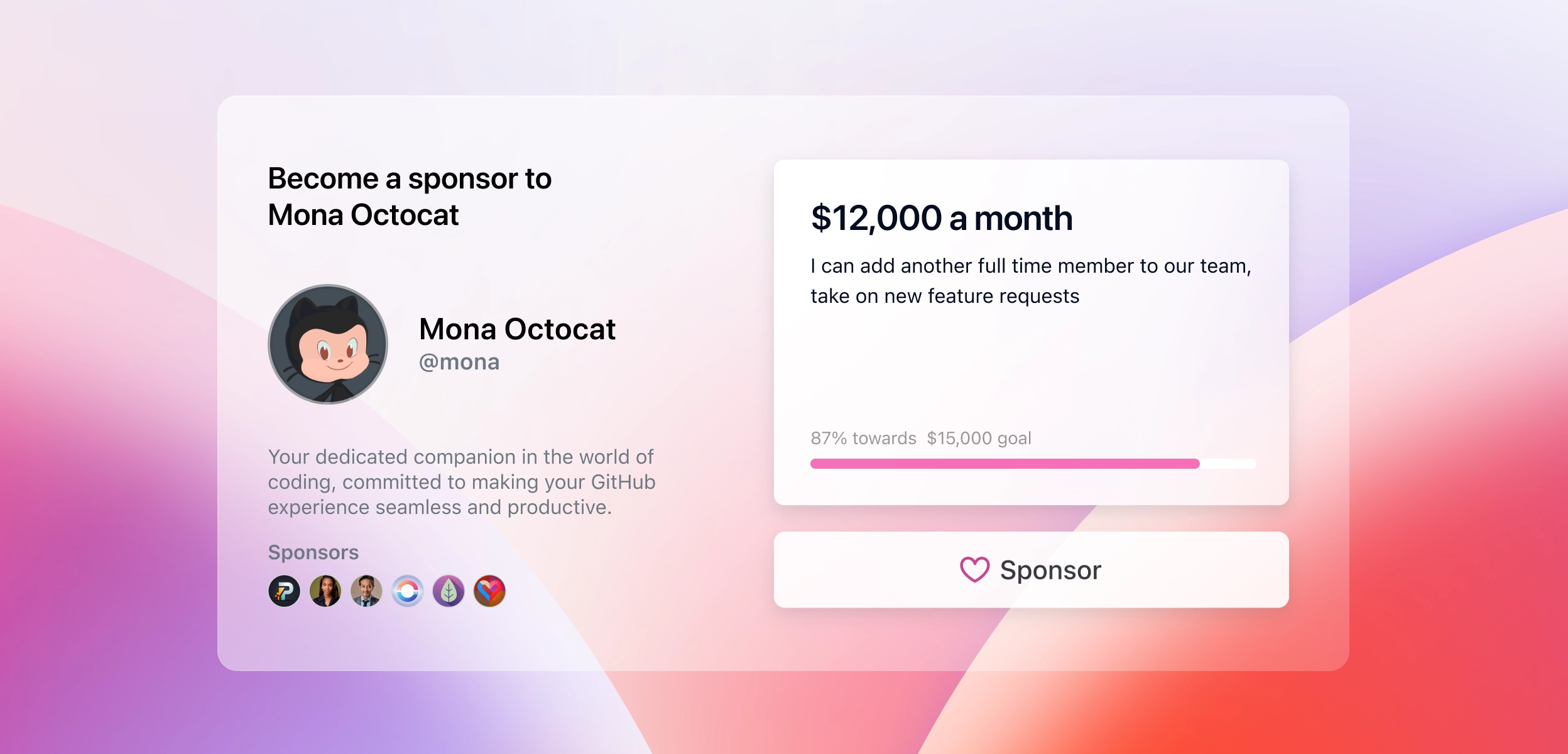 Become a sponsor to Mono Octocat showing $12,000 a month with a button with text "Sponsor"