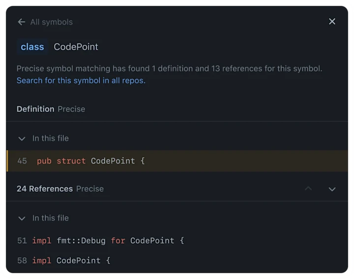 The image shows a code editor interface with a dark theme. The screen displays information about a symbol named \