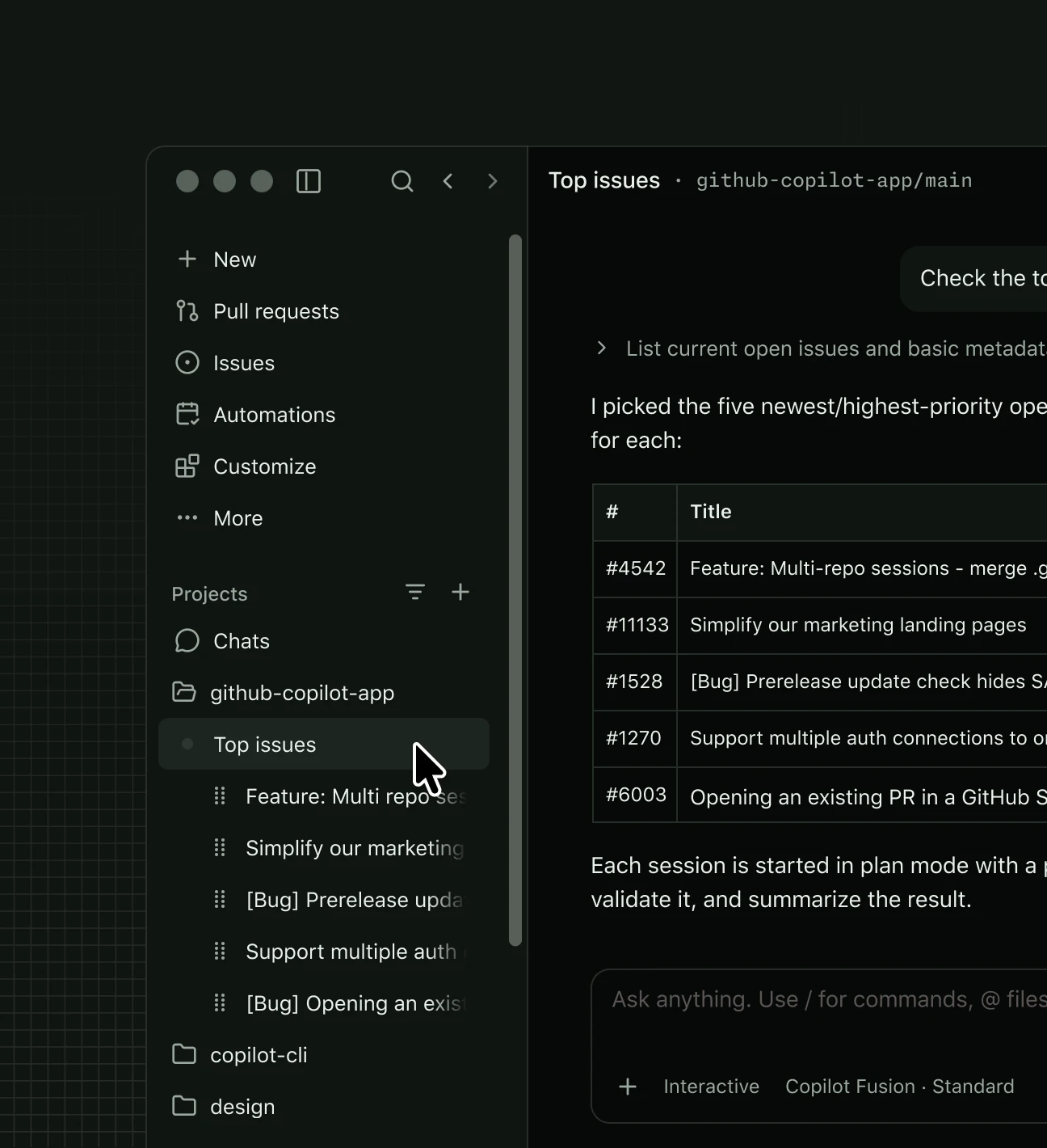 GitHub Copilot app showing a &ldquo;Top issues&rdquo; chat alongside a project sidebar with several issue sessions, illustrating parallel task tracking.