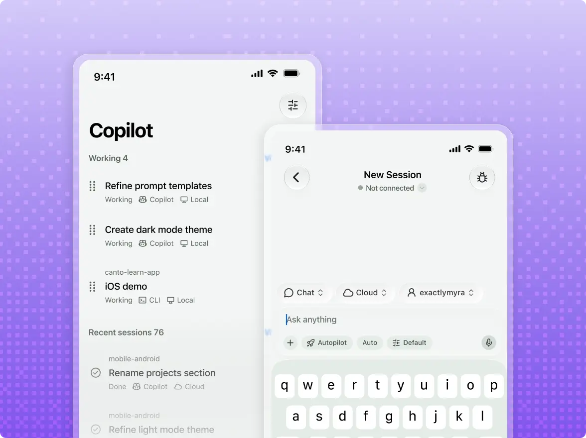 Two phone screens are shown: in the first screen, a list of agent tasks is shown. In the second screen, it shows a blank new agent task that asks, "What would you like Copilot to work on?"