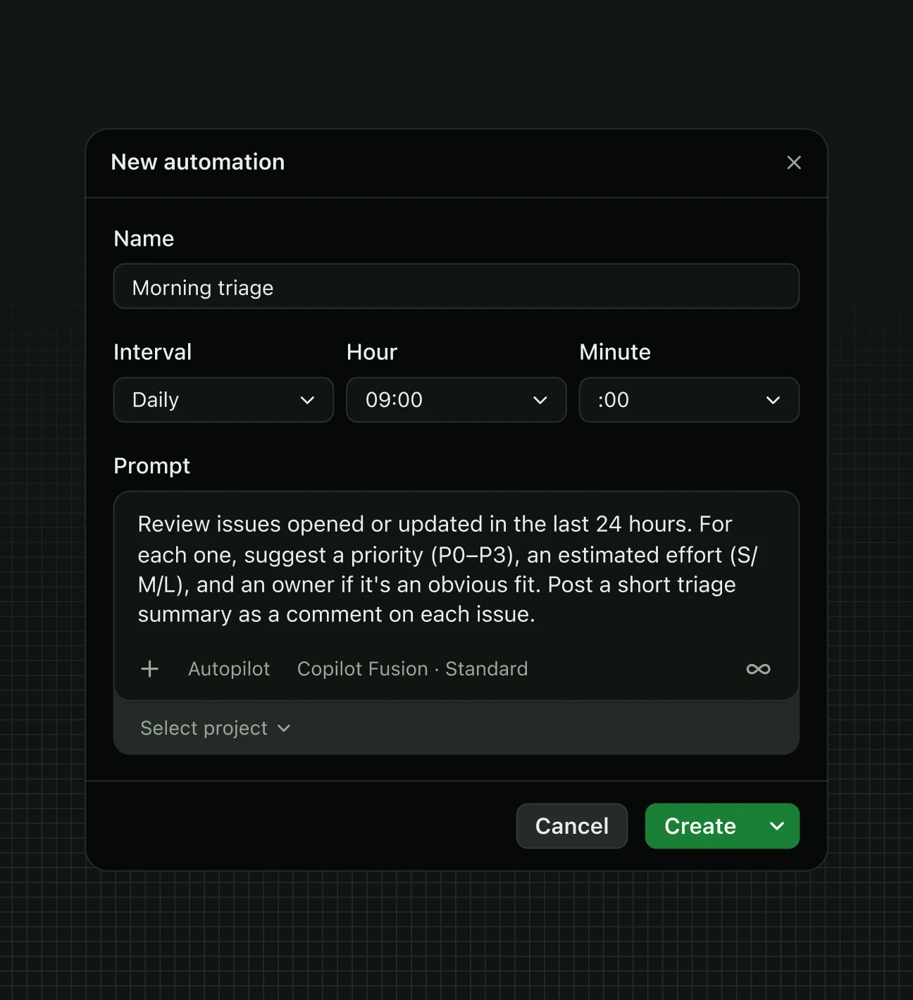 GitHub Copilot app&rsquo;s &ldquo;New automation&rdquo; form configures a daily 9:00 a.m. &ldquo;Morning triage&rdquo; task to review recently opened or updated issues and post priority, effort, and owner suggestions.