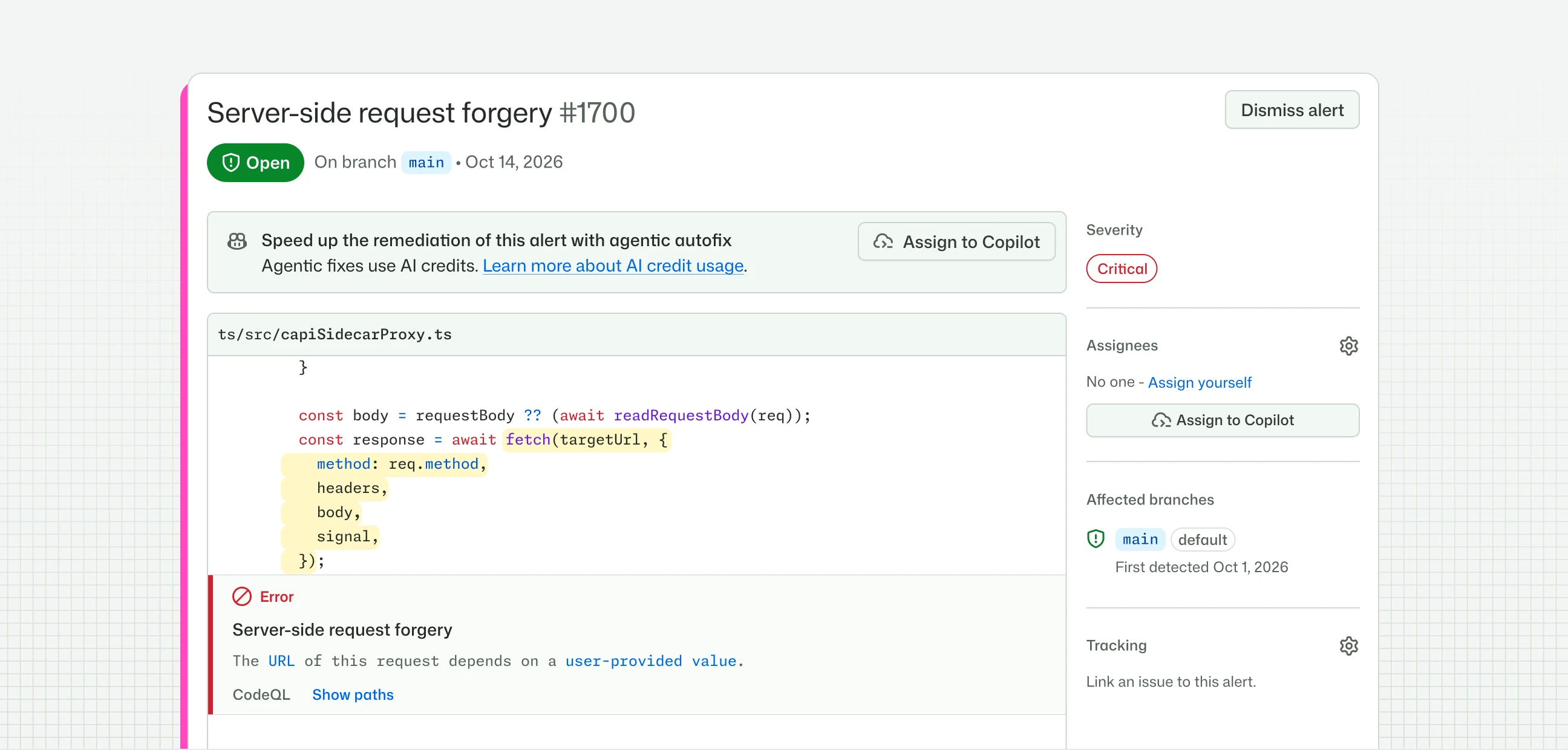Critical server-side request forgery alert highlighting vulnerable code, with an option to assign remediation to Copilot.