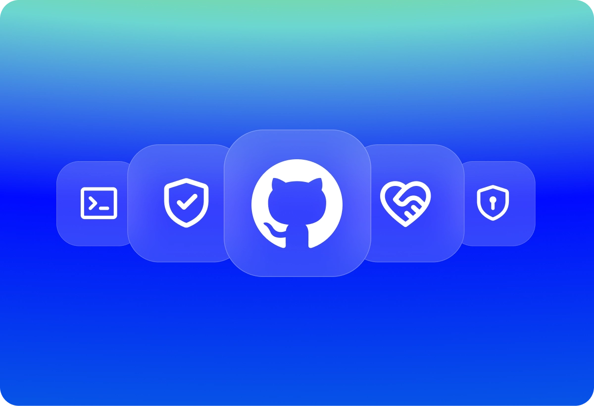 Icons for code, shield with checkmark, GitHub logo, handshake heart, and shield with lock