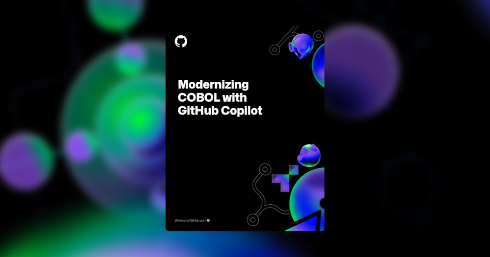 The image features a dark background with an array of AI-inspired shapes positioned behind the foreground text which reads "Modernizing COBOL with GitHub Copilot." A blur filter has been applied to the background.