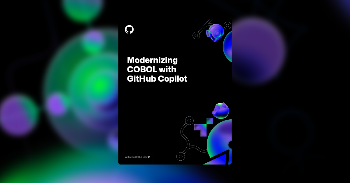 The image features a dark background with an array of AI-inspired shapes positioned behind the foreground text which reads "Modernizing COBOL with GitHub Copilot." A blur filter has been applied to the background.