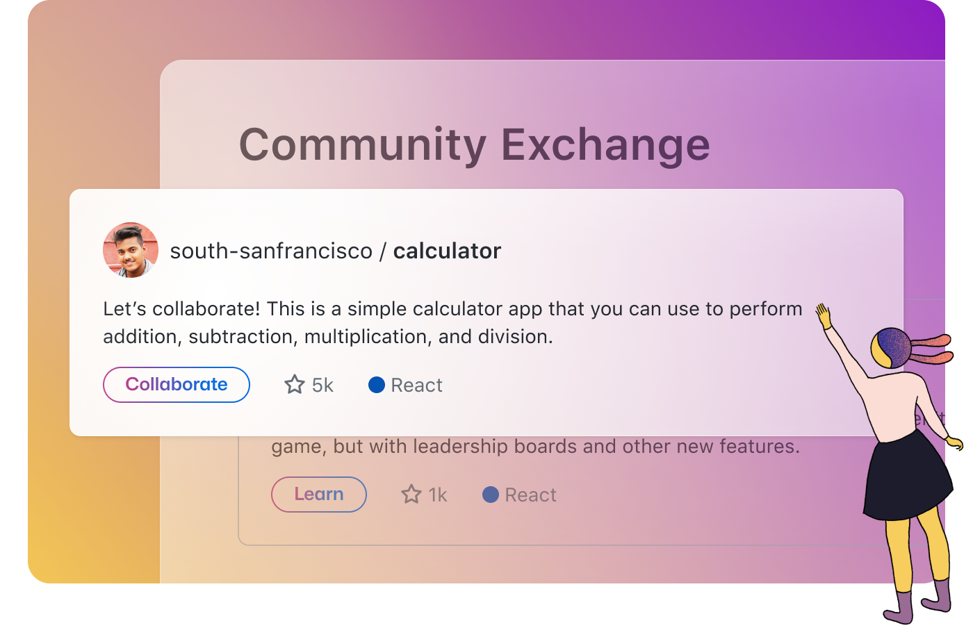 Popup displaying a comment from handle south-sanfrancisco saying "Let's collaborate! This is a simple calculator app that you can use to perform addition, subtraction, multiplication, and division.