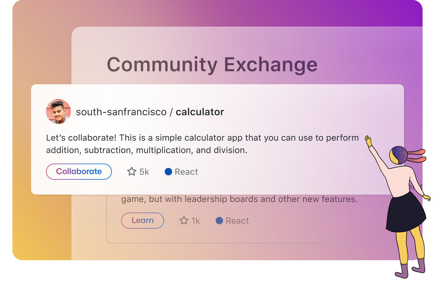  Popup displaying a comment from handle south-sanfrancisco saying "Let's collaborate!  This is a simple calculator app that you can use to perform addition, subtraction, multiplication, and division.