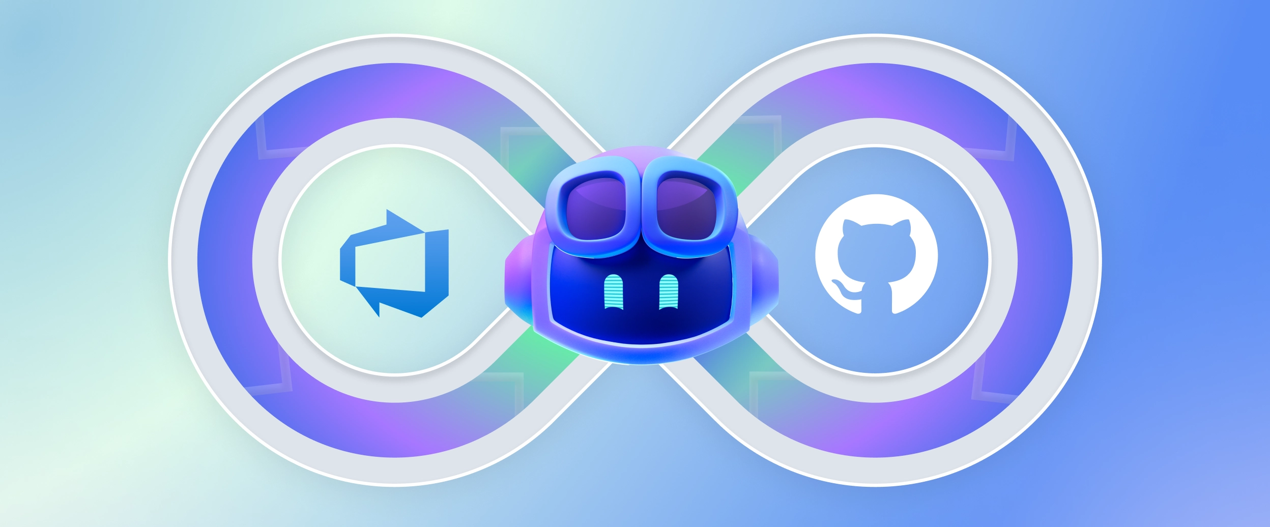 An infinity loop connects the Azure DevOps logo, the GitHub logo, and a 3D GitHub Copilot robot head in the center.