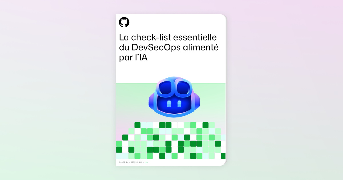 A dark background is filled with Security themed shapes and illustrations that are slightly blurred. In the foreground, a sentence reads: "A checklist for AI-powered DevSecOps." There is also a question following it: "Could your codebases use a security boost from AI?"