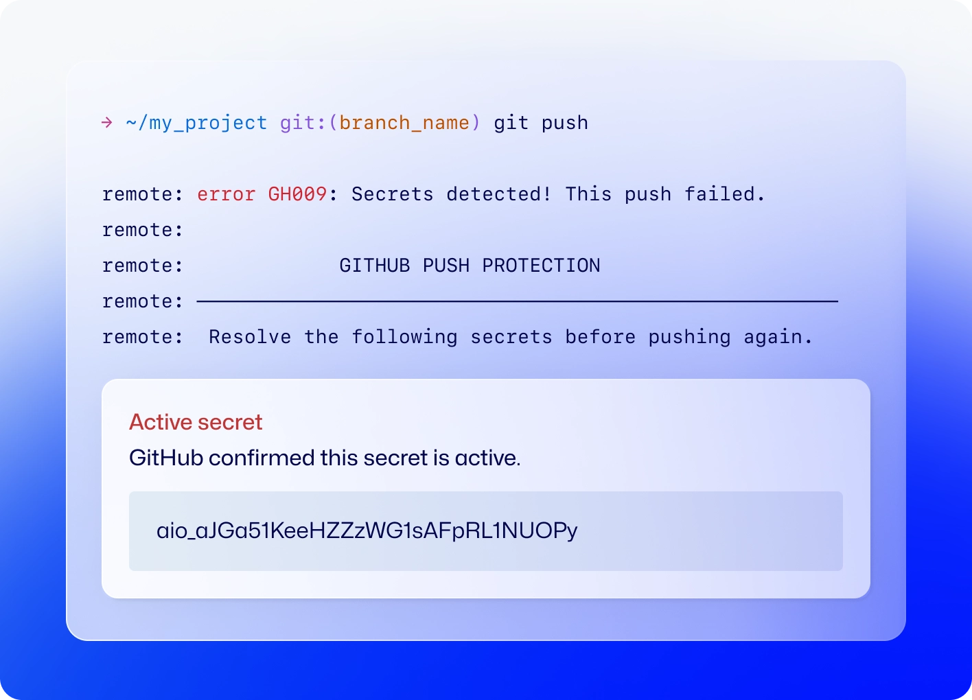 Command line "git push" with response "Secrets detected! This push failed" displaying the active secret
