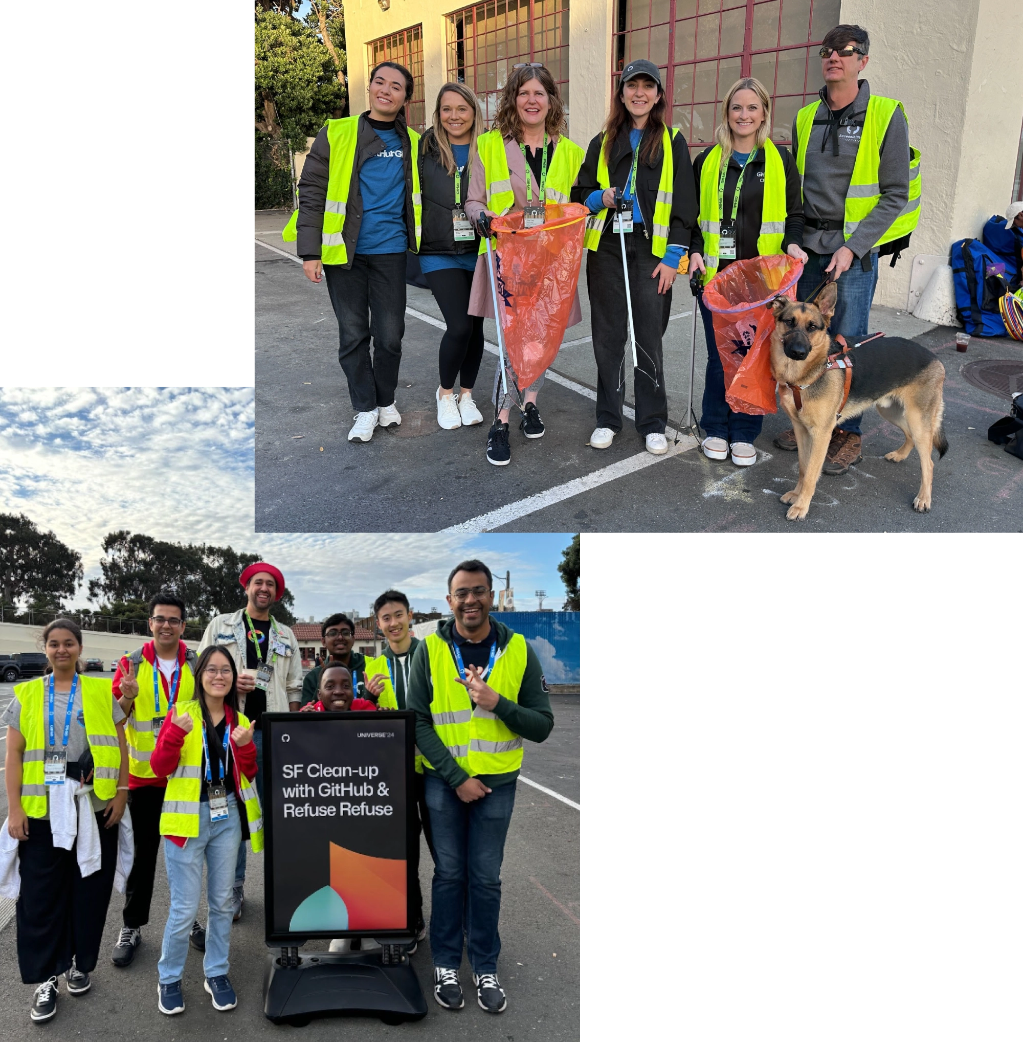 Pictured: GitHub Employees and GitHub Campus Experts volunteering to collect trash ahead of the Day 2 keynote.
