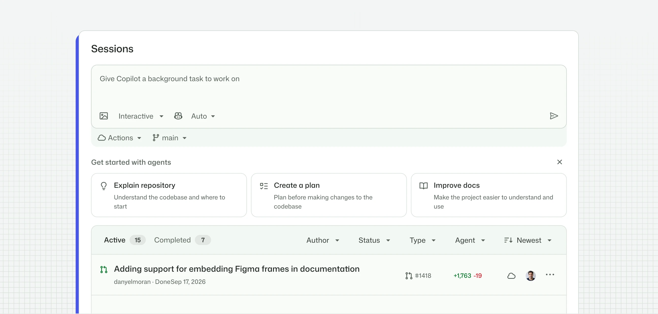 GitHub Copilot Sessions dashboard with a background task prompt, suggested agent tasks, and active and completed sessions.