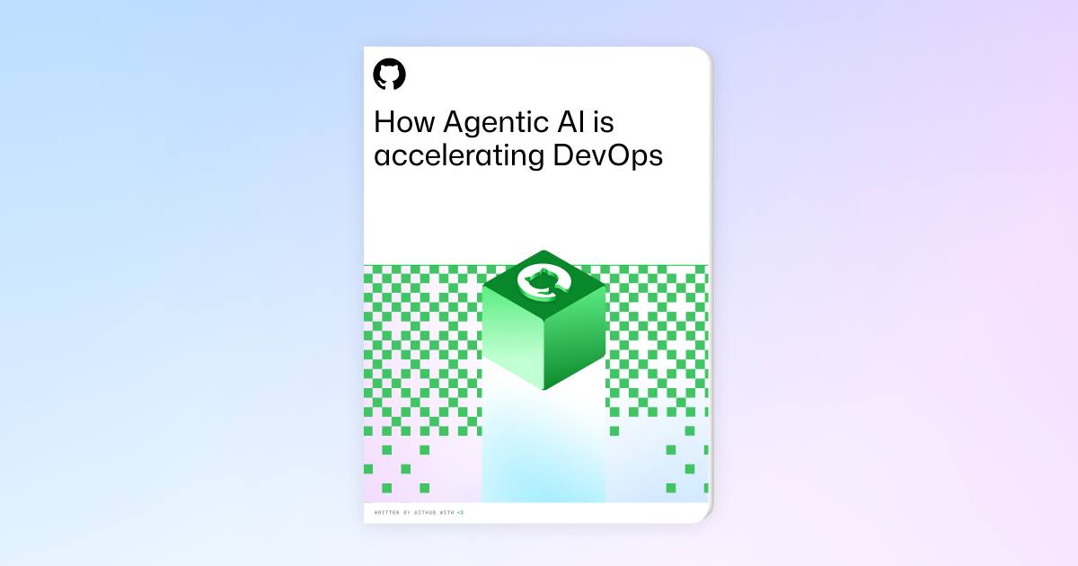 Dark-themed landscape image with GitHub-inspired shapes and illustrations scattered in the background. Bold foreground text reads, "How agentic AI is accelerating DevOps," followed by smaller text that says, "What AI agents mean for your team—and how they’re already changing how software gets built." The design combines a sleek, modern aesthetic with a focus on AI and software development themes.