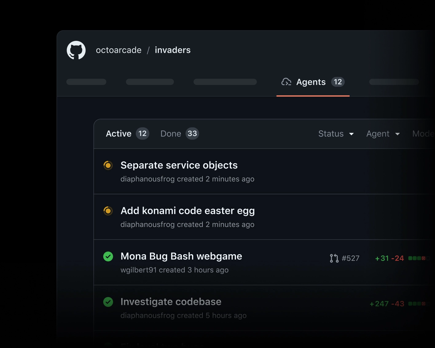 GitHub Agents dashboard for the “octoarcade/invaders” repository, showing a list of active and completed agent tasks with status indicators and timestamps.