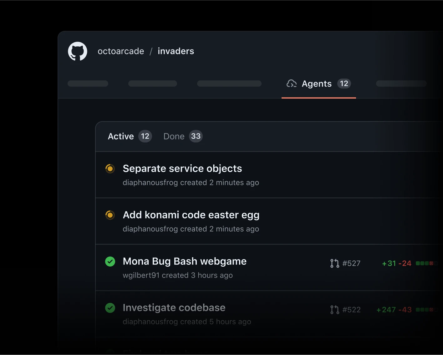 GitHub Agents dashboard for the “octoarcade/invaders” repository, showing a list of active and completed agent sessions with status indicators and timestamps.