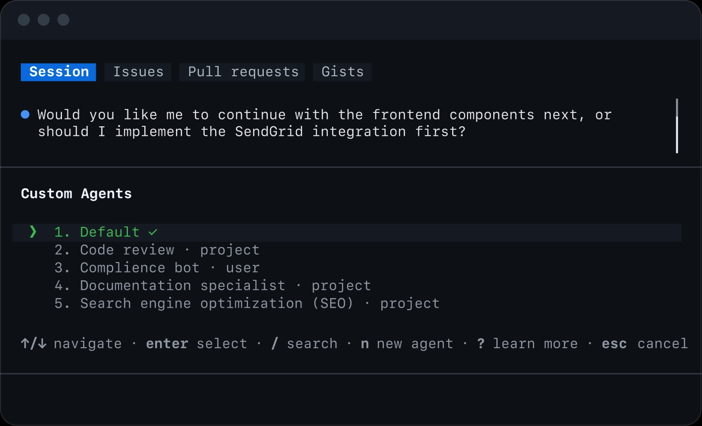 Terminal screenshot showing a menu of custom agents, with the Default agent selected.