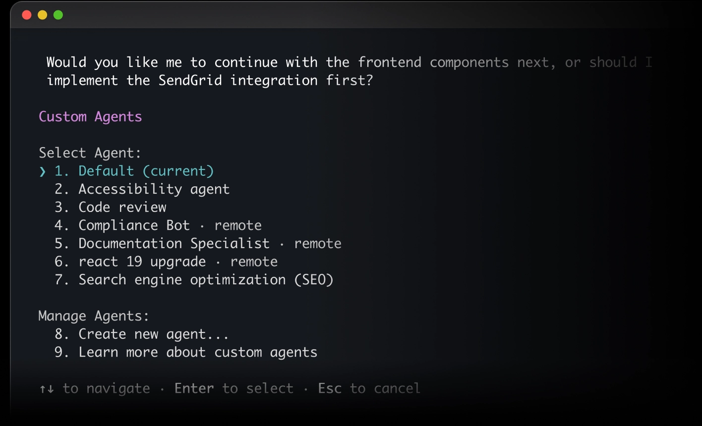 Terminal screenshot showing a menu of custom agents, with the Default agent selected.
