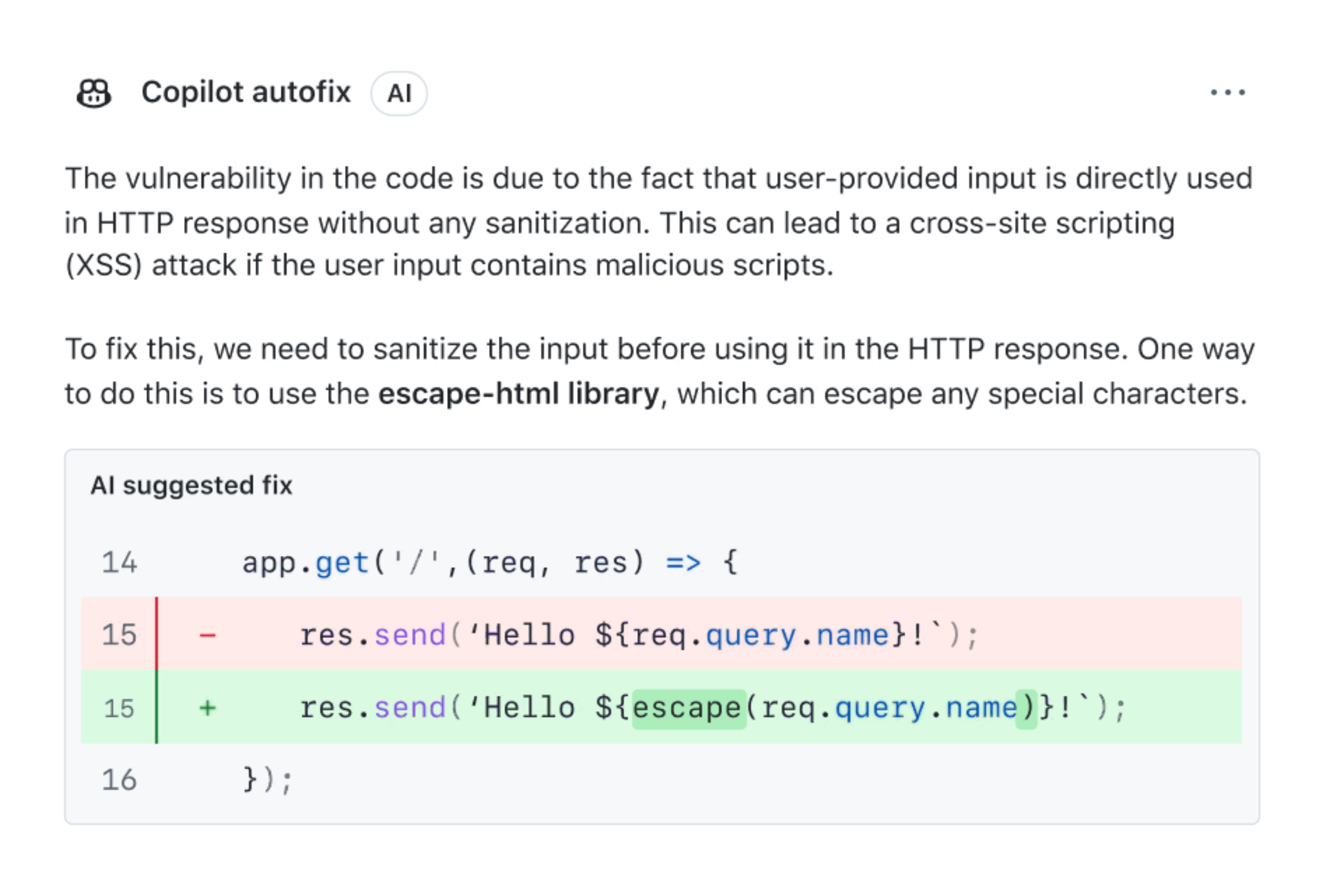 Suggested code change by Copilot Autofix
