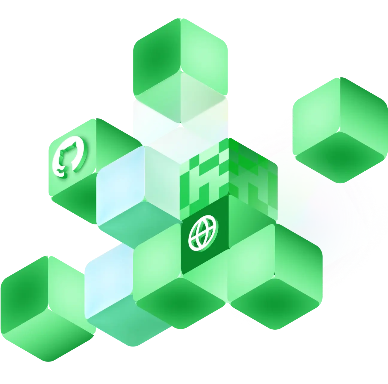 Stacked green and pale blue cubes featuring the GitHub Octocat logo, a globe icon, and pixel patterns.