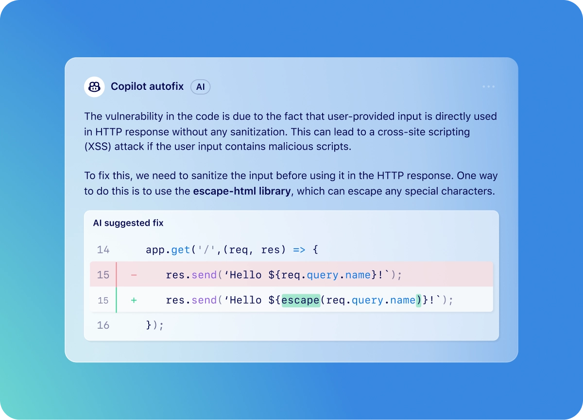  Suggested code change by Copilot Autofix