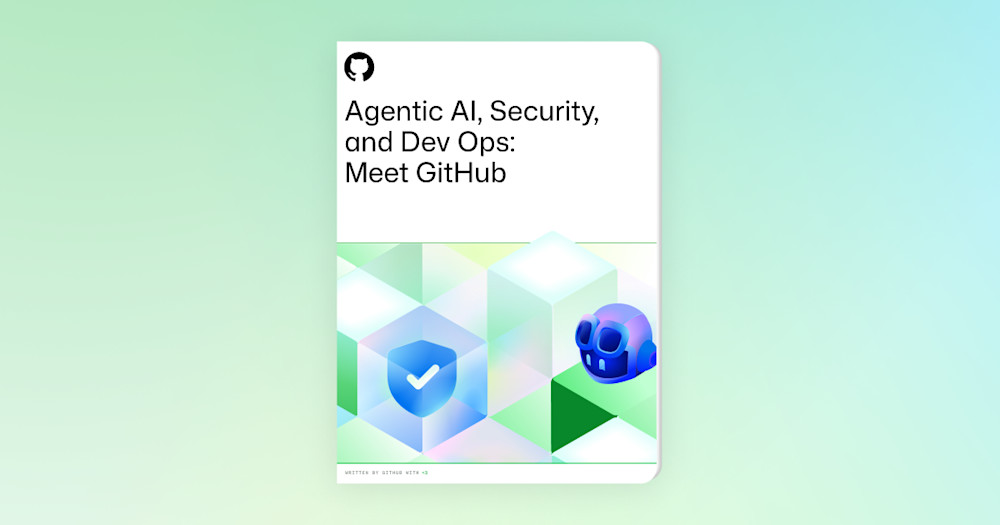 Dark-themed image with GitHub-inspired shapes and illustrations scattered across the background. Foreground text reads: "Generative AI, Security, and DevOps: Meet GitHub," followed by a subheading that says, "Empower your developer teams with the tools they need to work smarter, faster, and more collaboratively." The design emphasizes innovation and teamwork.