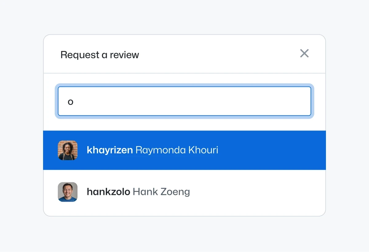 GitHub pull request "Request a review" dialog showing reviewer selection. A search field labeled "Type or choose a user" appears above a list of reviewers. GitHub Copilot is selected and highlighted in green with the description "Your AI pair programmer," alongside two human reviewers, arturcraft (Artur Craft) and semyonrush (Semyon Rush). The dialog is displayed on a purple gradient background with a dotted pattern.