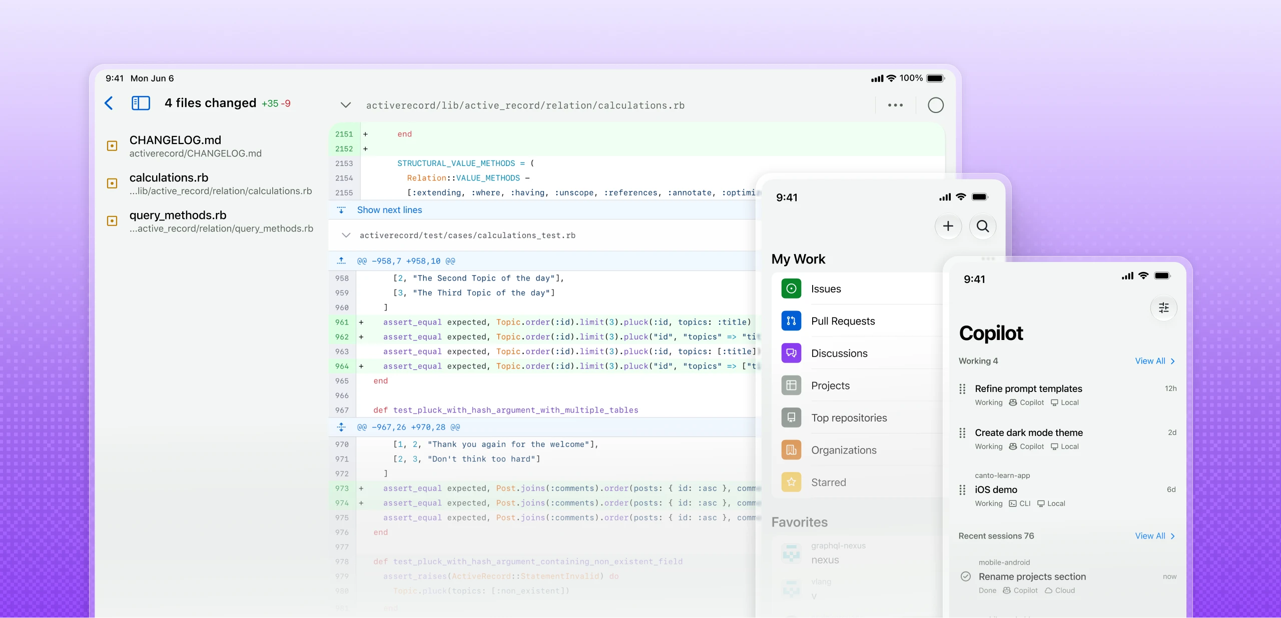 Three GitHub mobile app screens are shown: one is a tablet screen and the other two are phone screens. The tablet screen shows a list of pull requests. The first phone screen displays the GitHub mobile app home UI, and the second phone screen displays a list of agent tasks.