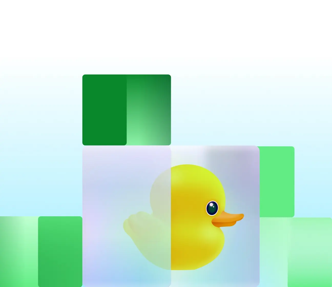Cartoon rubber duck within abstract green squares
