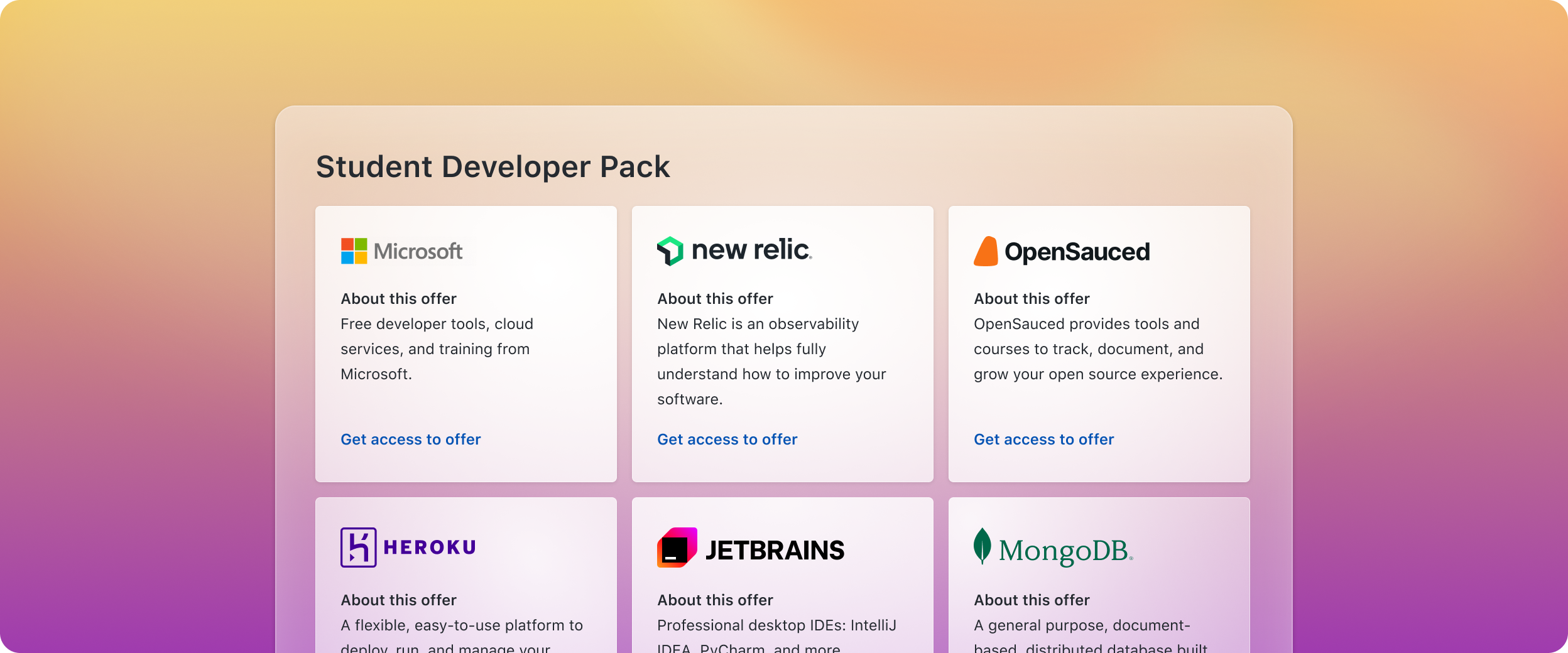  6 squares displaying companies in the student developer pack including microsoft,  new relic, opensauced, heroku, jetbrains, and mongo db