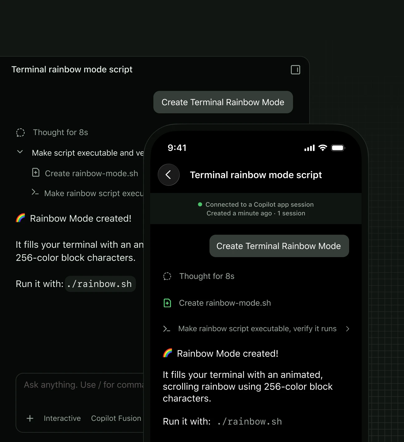 GitHub Copilot session shown on desktop and mobile, with the mobile view connected to the session as it creates and verifies a terminal rainbow-mode script.