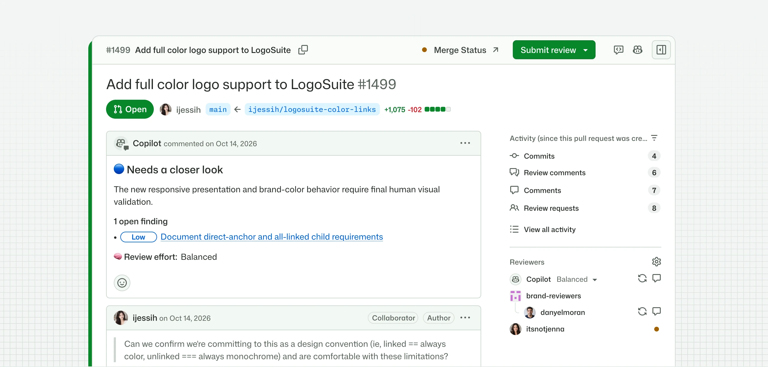 GitHub pull request with a Copilot review identifying one low-priority finding and requesting human visual validation.
