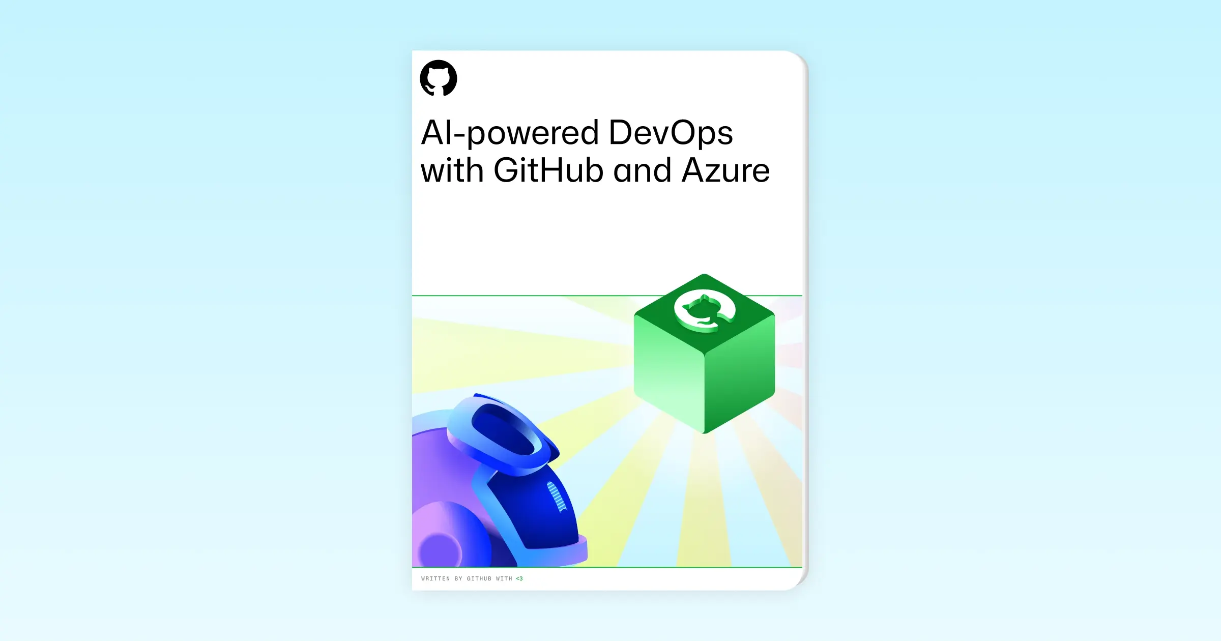 A landscape image with a light background featuring GitHub-themed shapes and illustrations surrounding the foreground text. The text reads: "AI-powered DevOps with GitHub and Azure," followed by the description: "Boost efficiency, enhance security, and deliver value faster." The design emphasizes a modern, tech-focused theme.